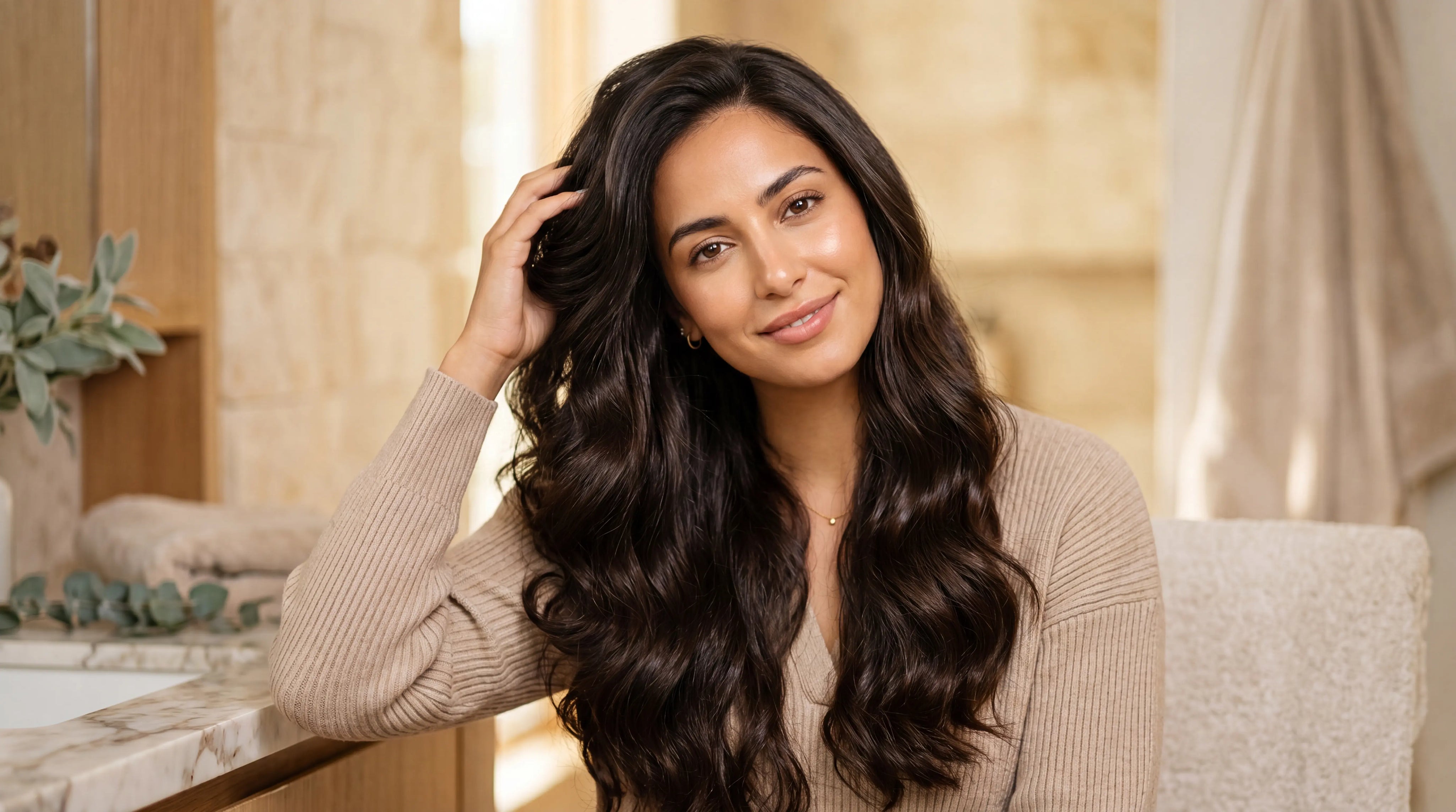 Jeune femme aux cheveux denses et brillants illustrant les solutions anti-chute Karacare 