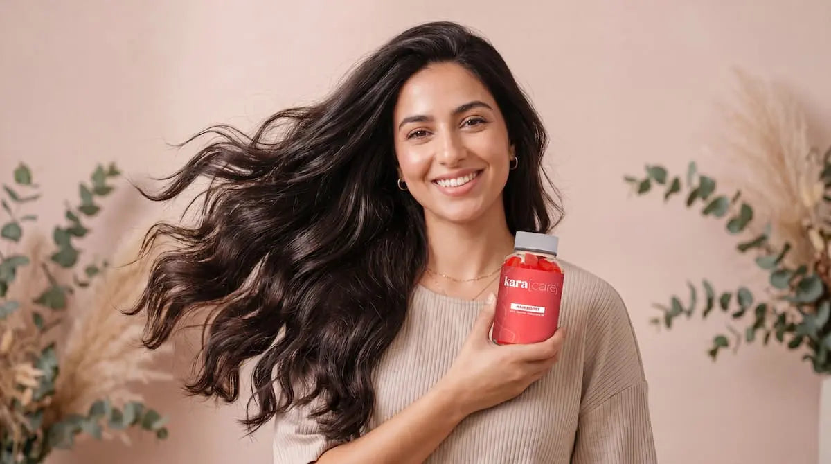 Femme aux cheveux brillants et denses tenant une cure de vitamines capillaires Karacare