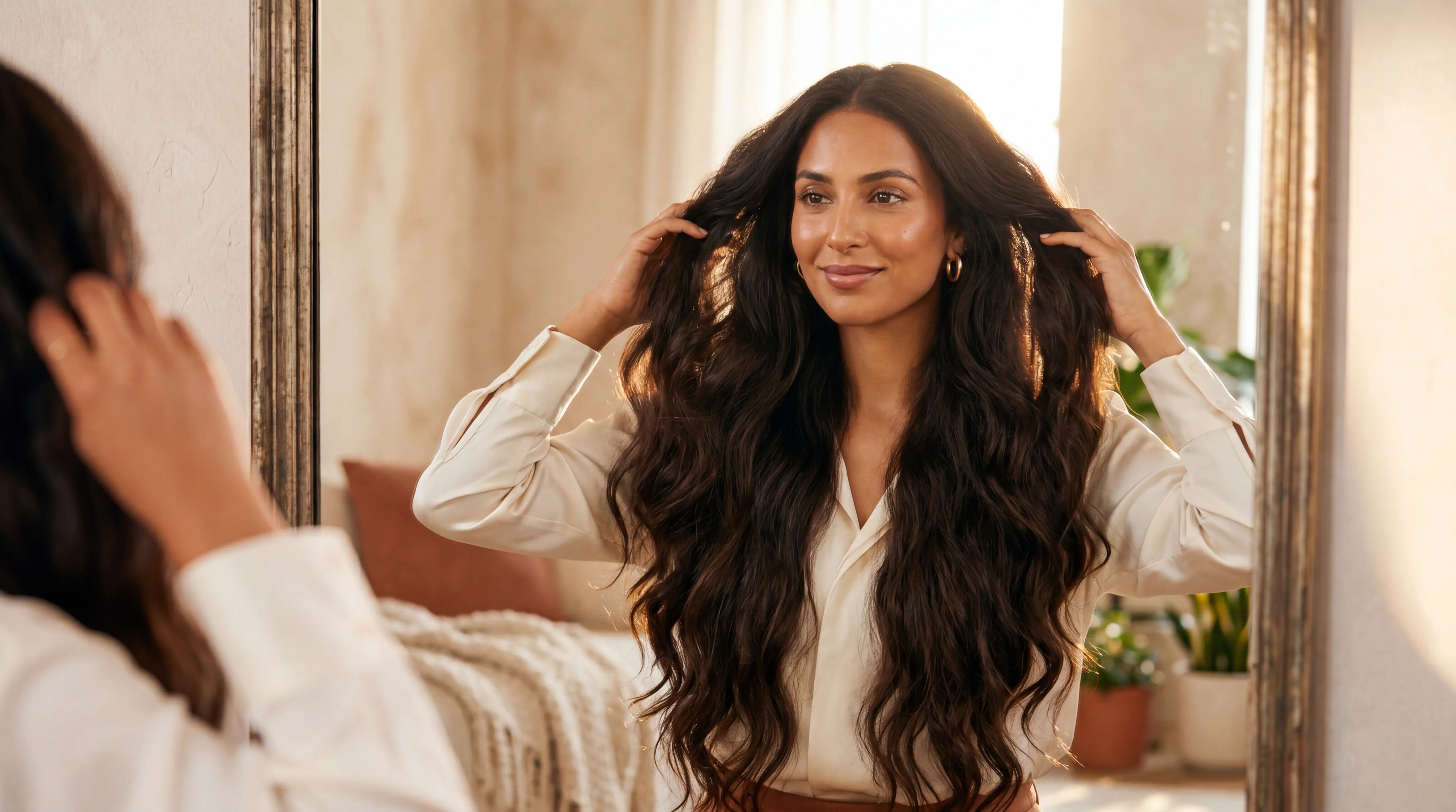 femme qui regarde ses magnifique cheveux dans le miroir grâce à la repousse rapide cheveux karacare