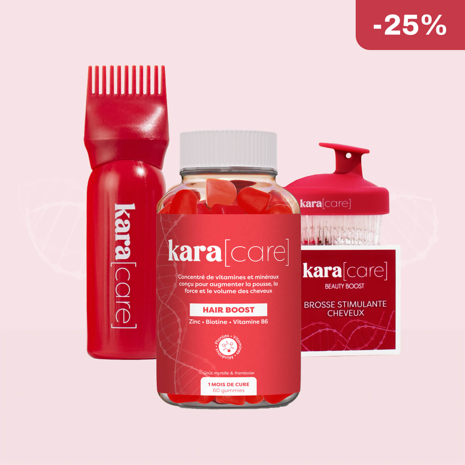 Hair care product package with a bottle, brush, and a red bag labeled 'kara[care]'.