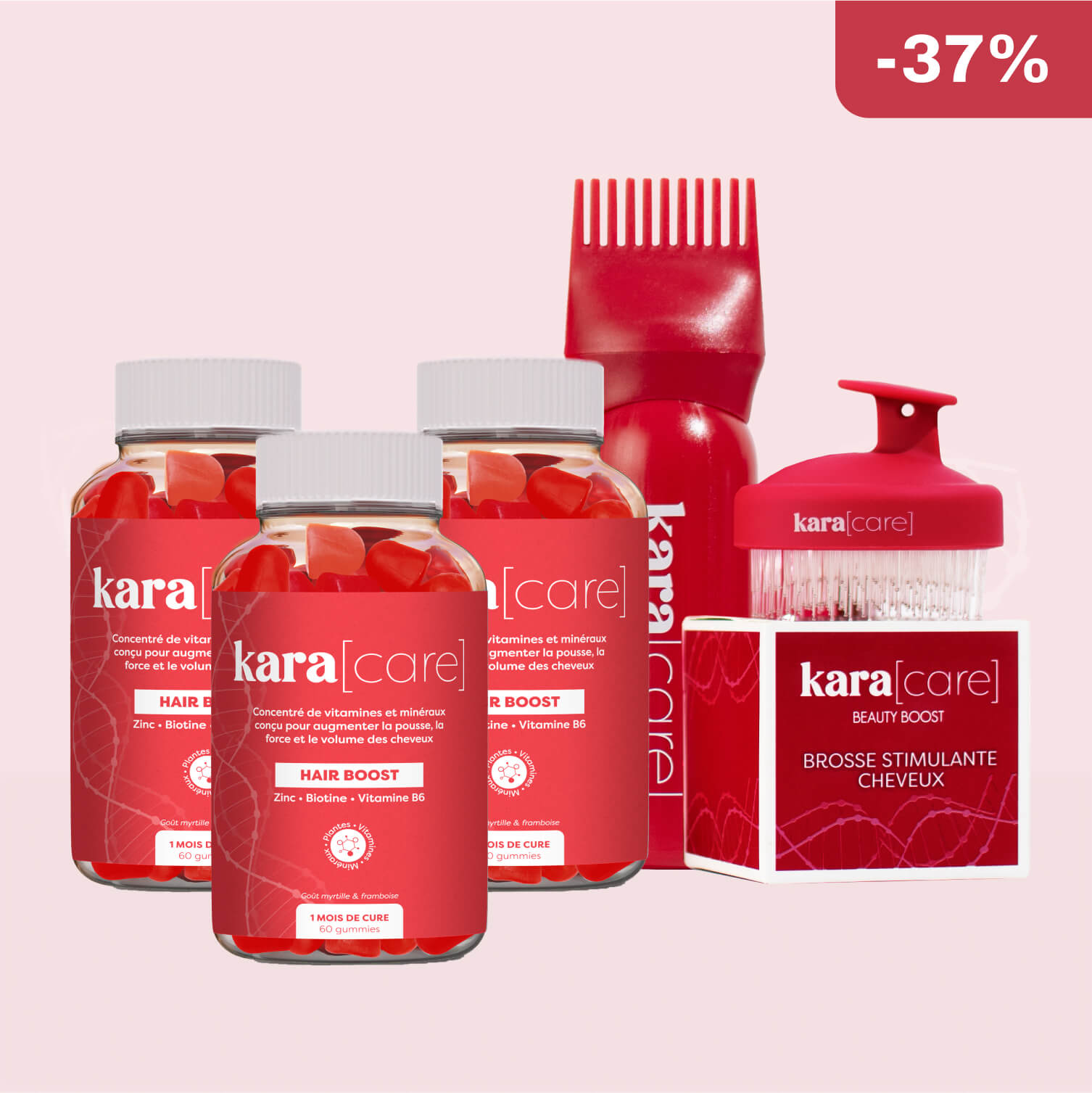 Kara Care hair supplements and accessories against a dark background.