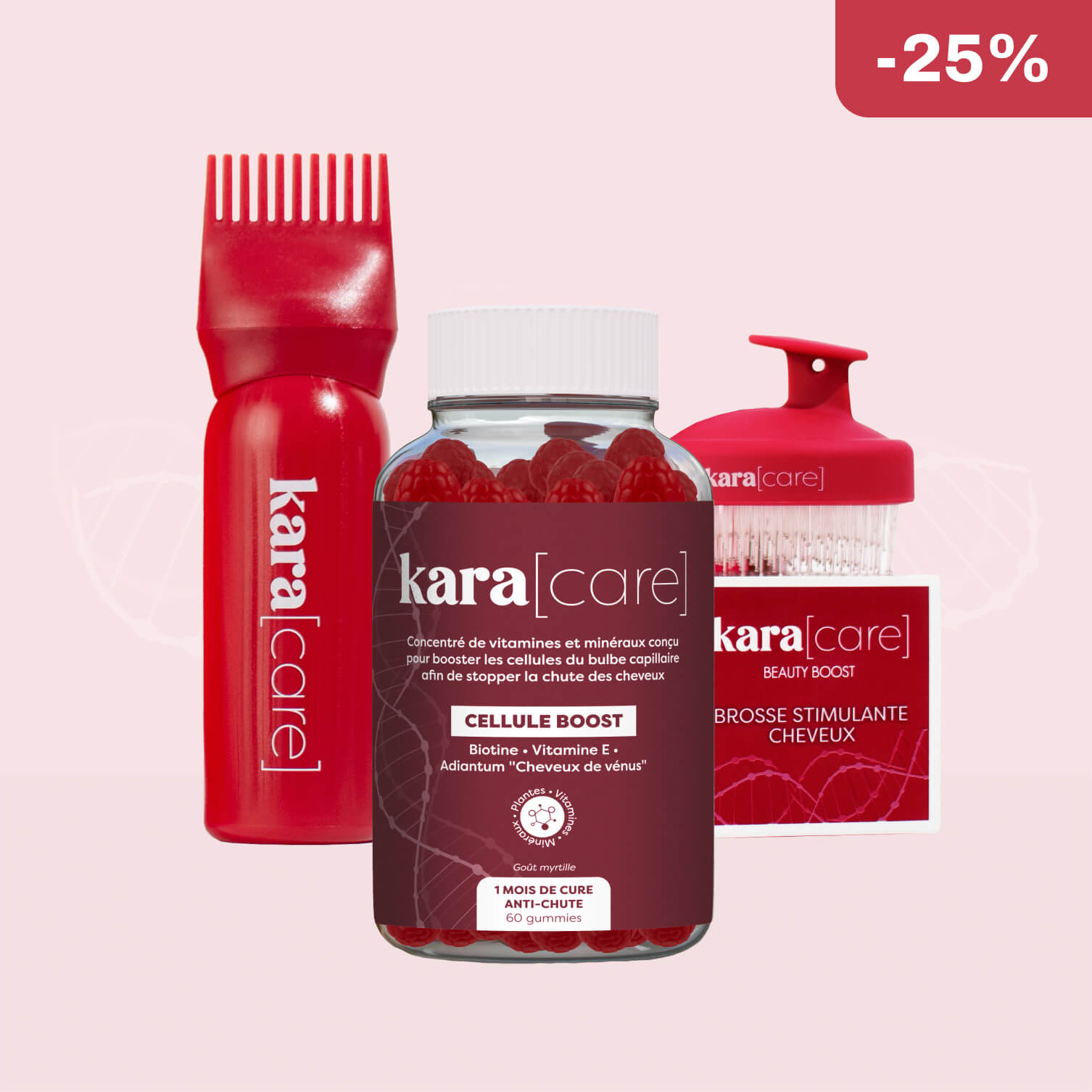 Kara Care promotional products include capsules and a hairbrush with a 27% discount.