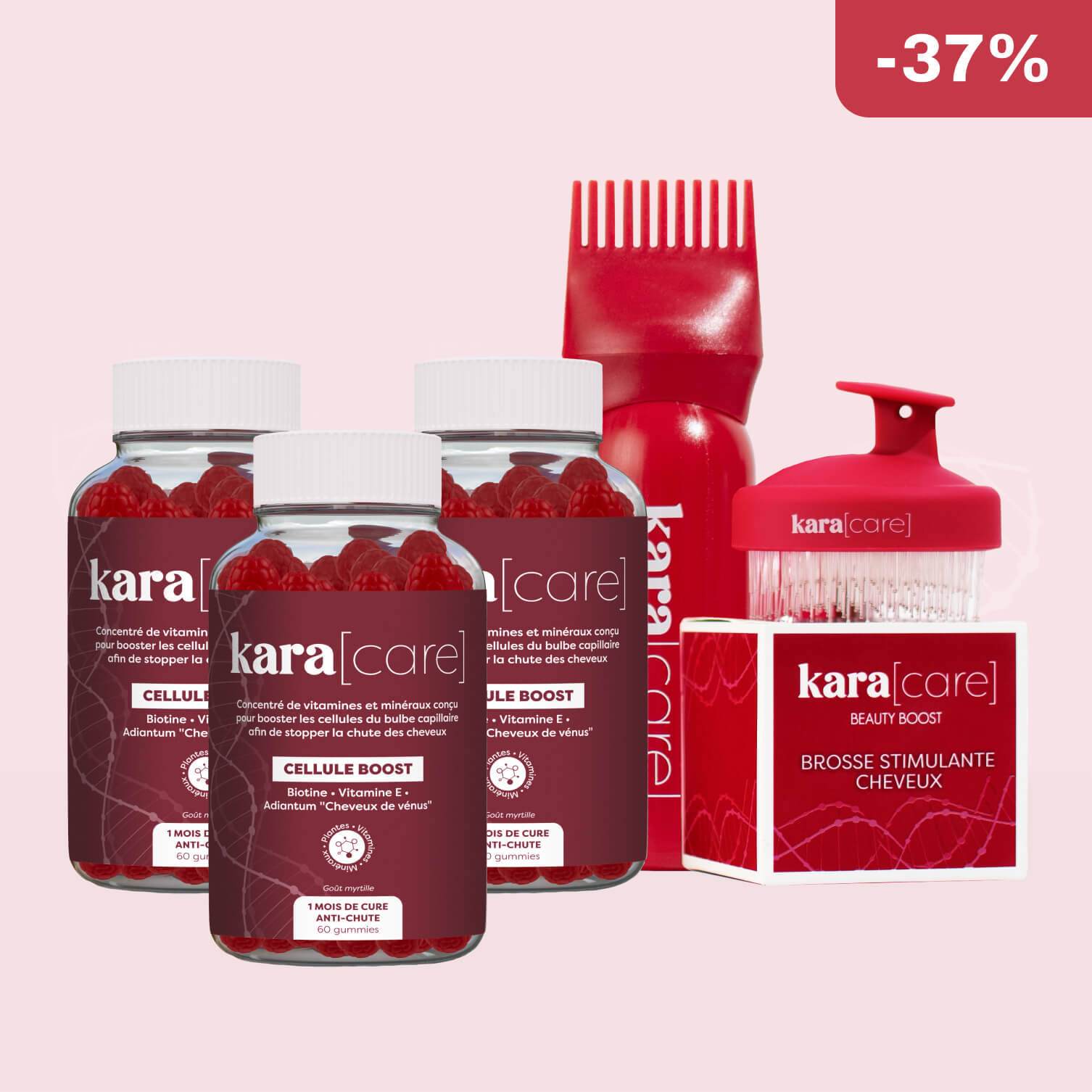 Products from kara care, including bottles and a brush, with a 43% discount label.