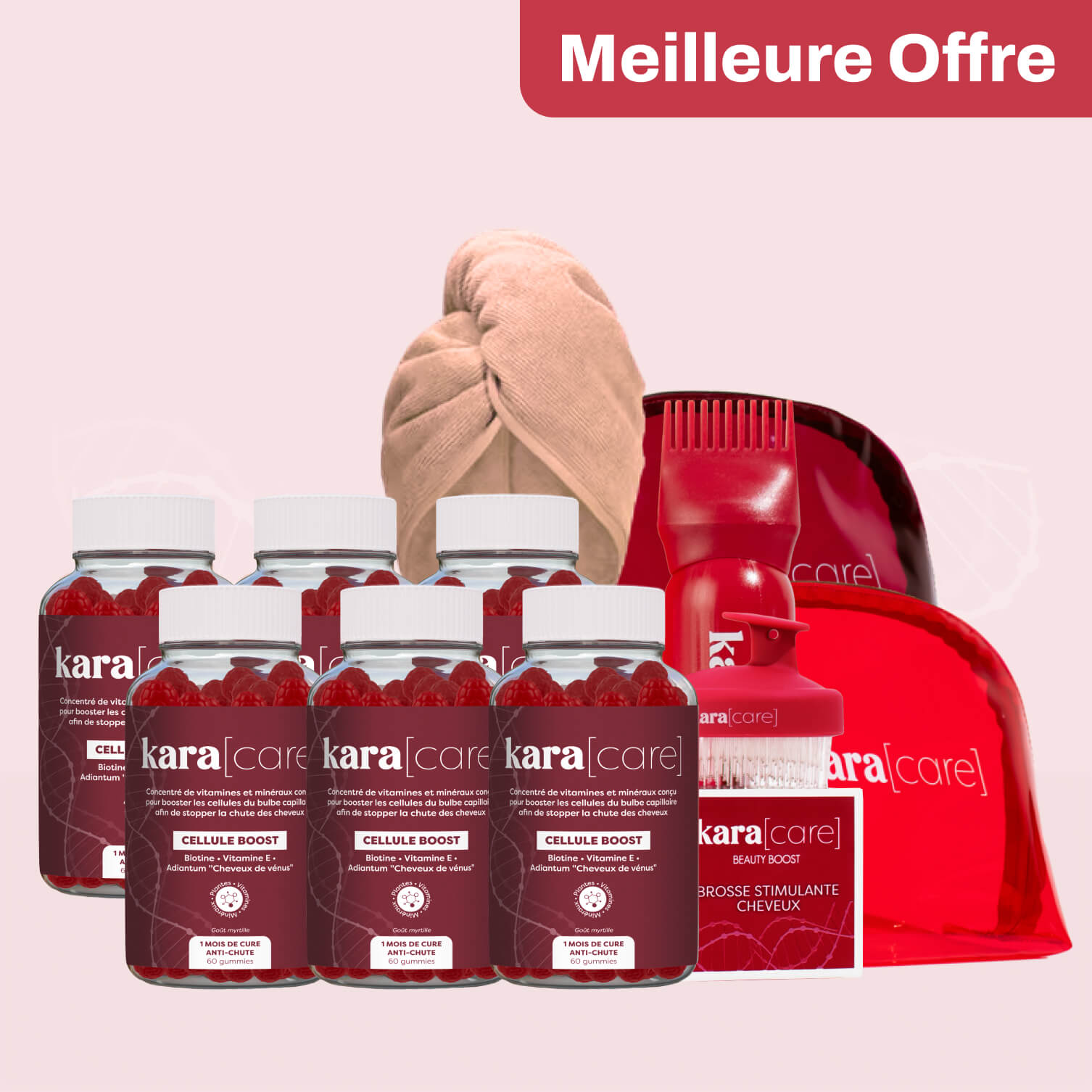 Vitamins and hair care products with red bags and 'Meilleure Offre' text.