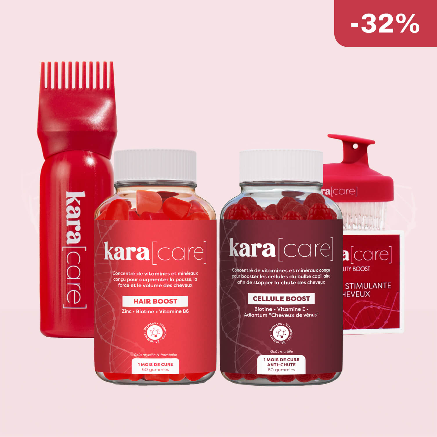 Kara Care vitamin gummies and hair care products with a red cosmetic bag and applicator.